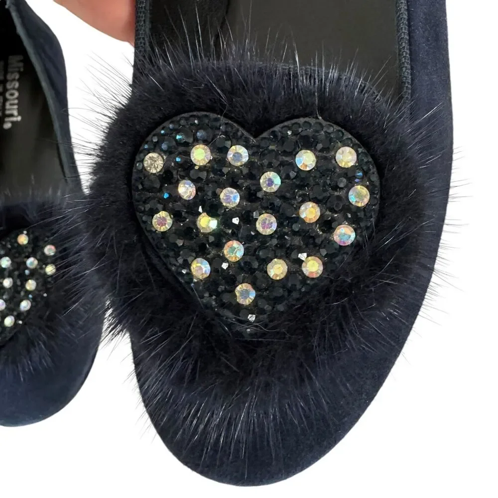 Missouri Italian Shoes Suede Leather Flats Fur Heart Embellished Navy EU34 US3.5